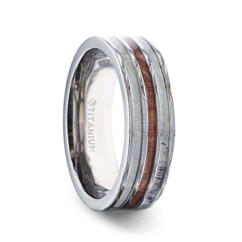 Wood Inlaid Titanium Flat Polished Finish Men's Wedding Ring With White Double Deer Antler Edges - 8mm - Tripoli- Sparkle & Jade-SparkleAndJade.com 