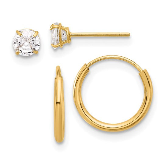 14K Gold 5mm CZ Studs and Small Endless Hoop Earrings Set- Sparkle & Jade-SparkleAndJade.com YE2162SET