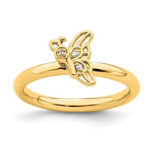 Yellow Gold Plated Sterling Silver Stackable Expressions Diamond Butterfly Ring- Sparkle & Jade-SparkleAndJade.com 