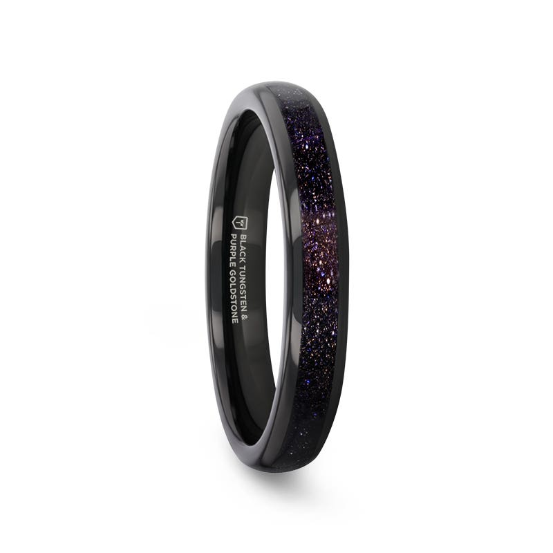 Black Tungsten with Crushed Blue and Purple Goldstone Inlay 4mm Ring - Astrum- Sparkle & Jade-SparkleAndJade.com 