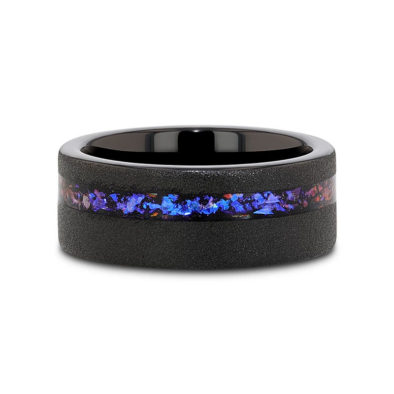 Sandblasted Black Tungsten Ring with Crushed Alexandrite and Dark Blue & Purple Crushed Goldstone - 8mm - Mirage- Sparkle & Jade-SparkleAndJade.com 