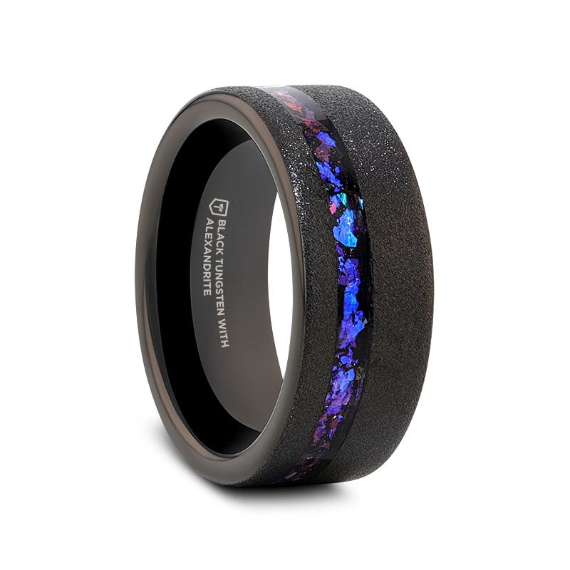 Sandblasted Black Tungsten Ring with Crushed Alexandrite and Dark Blue & Purple Crushed Goldstone - 8mm - Mirage- Sparkle & Jade-SparkleAndJade.com 