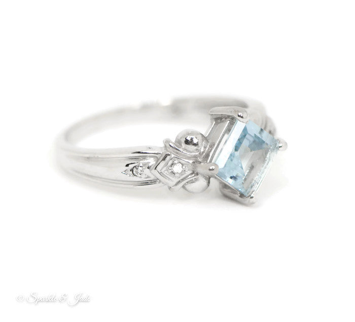 10k White Gold 6mm Square Princess Genuine Aquamarine & Diamond Ring- Sparkle & Jade-SparkleAndJade.com 10X207