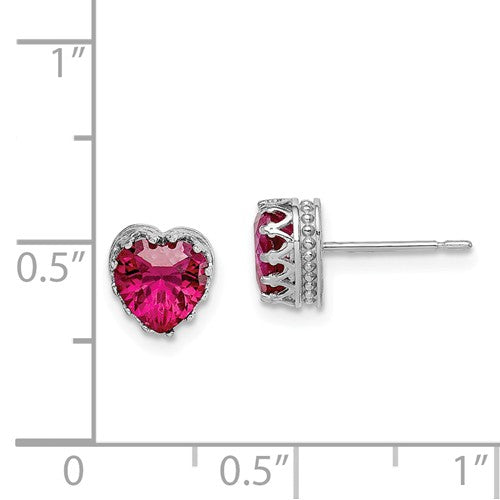 10k White Gold Tiara Collection 6mm Heart Created Ruby Crown Earrings- Sparkle & Jade-SparkleAndJade.com 10YC406WCR