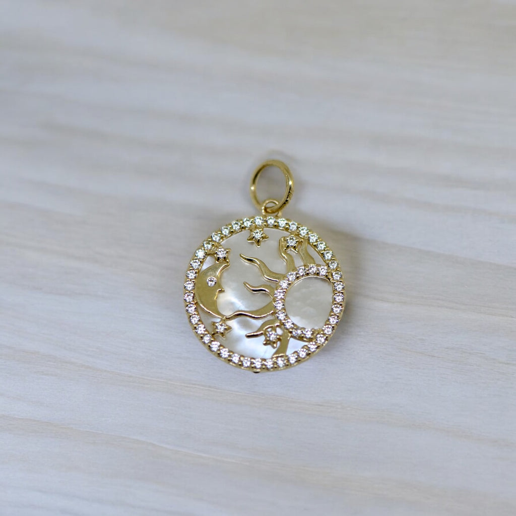 10k Gold CZ and Mother of Pearl Sun Moon and Stars Disc Charm Pendant- Sparkle & Jade-SparkleAndJade.com 10C1490