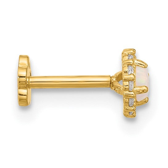 14K Gold 18 Gauge CZ and Synthetic Opal Screw-Back Cartilage Body Jewelry- Sparkle & Jade-SparkleAndJade.com BD153