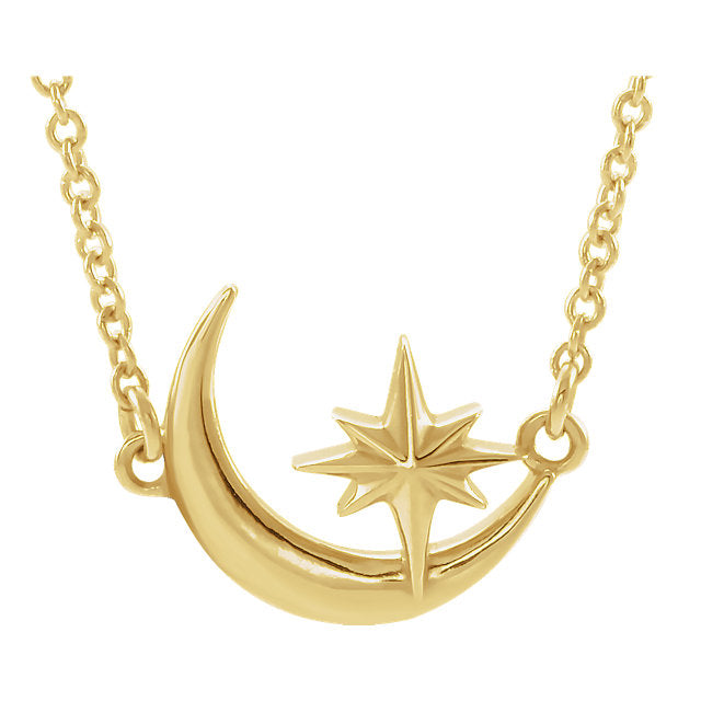 14K Gold Crescent Moon & Star Necklace - Yellow Rose or White Gold- Sparkle & Jade-SparkleAndJade.com 86843:601:P