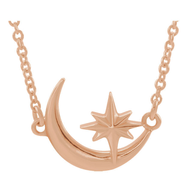 14K Gold Crescent Moon & Star Necklace - Yellow Rose or White Gold- Sparkle & Jade-SparkleAndJade.com 86843:602:P