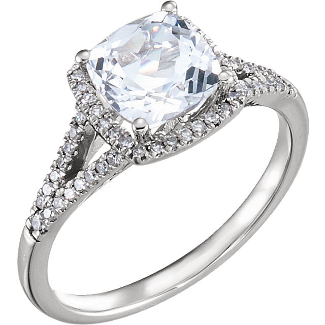 14K White Gold 7mm Cushion Cut Created White Sapphire & Diamond Halo Ring- Sparkle & Jade-SparkleAndJade.com 652046:60002:P
