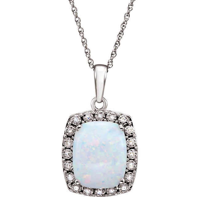 14K White Gold Cushion Created Opal & .05 CTW Diamond Halo Necklace- Sparkle & Jade-SparkleAndJade.com 651427:70003:P