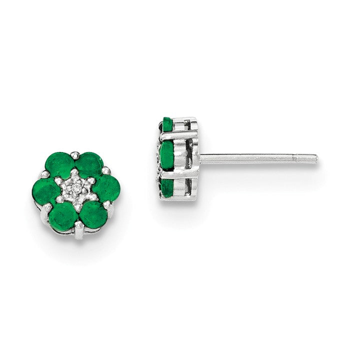 14K White Gold Solid Emerald And Diamond Post Flower Earrings- Sparkle & Jade-SparkleAndJade.com XE2815E/A EM5609-EM-001-WA