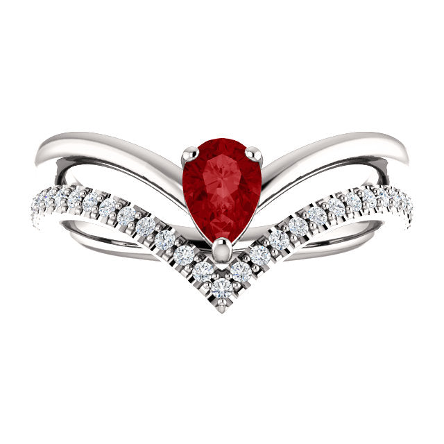 14K White Yellow or Rose Gold Lab Created Ruby Pear & 1/6 CTW Diamond Double V Ring- Sparkle & Jade-SparkleAndJade.com 
