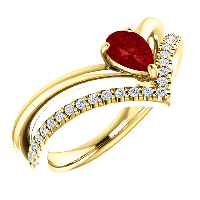 14K White Yellow or Rose Gold Lab Created Ruby Pear & 1/6 CTW Diamond Double V Ring- Sparkle & Jade-SparkleAndJade.com 71968:656:P