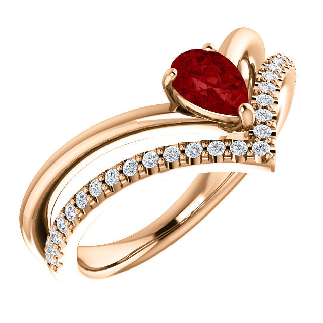 14K White Yellow or Rose Gold Lab Created Ruby Pear & 1/6 CTW Diamond Double V Ring- Sparkle & Jade-SparkleAndJade.com 71968:657:P