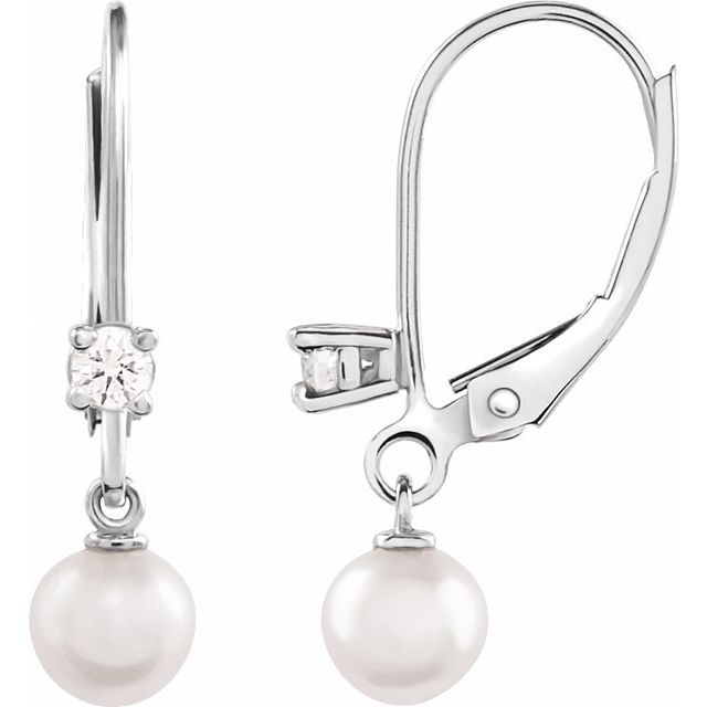 14K White or Yellow Gold Cultured White Akoya Pearl & 1/8 Natural Diamond Lever Back Earrings- Sparkle & Jade-SparkleAndJade.com 88196:102:P