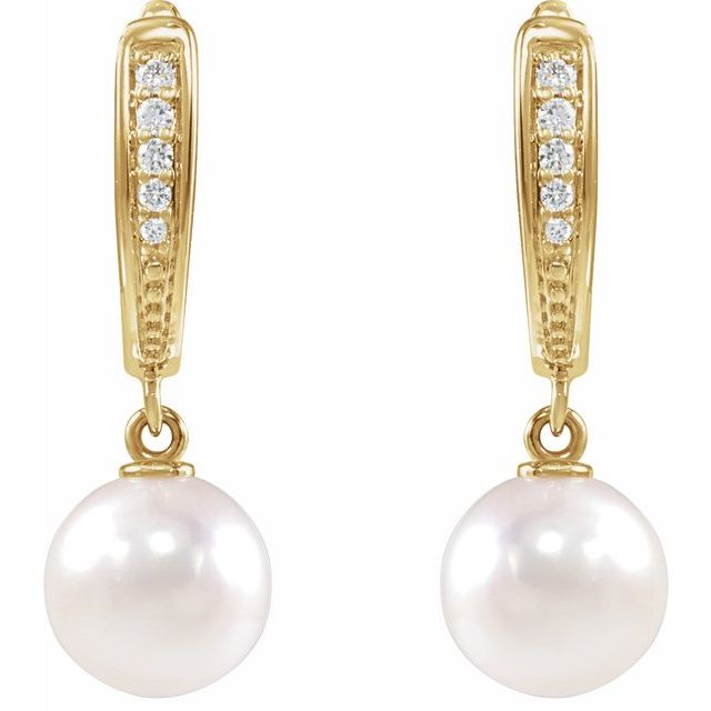 14K White or Yellow Gold Cultured White Akoya Pearl & .03 Natural Diamond Lever Back Earrings- Sparkle & Jade-SparkleAndJade.com 