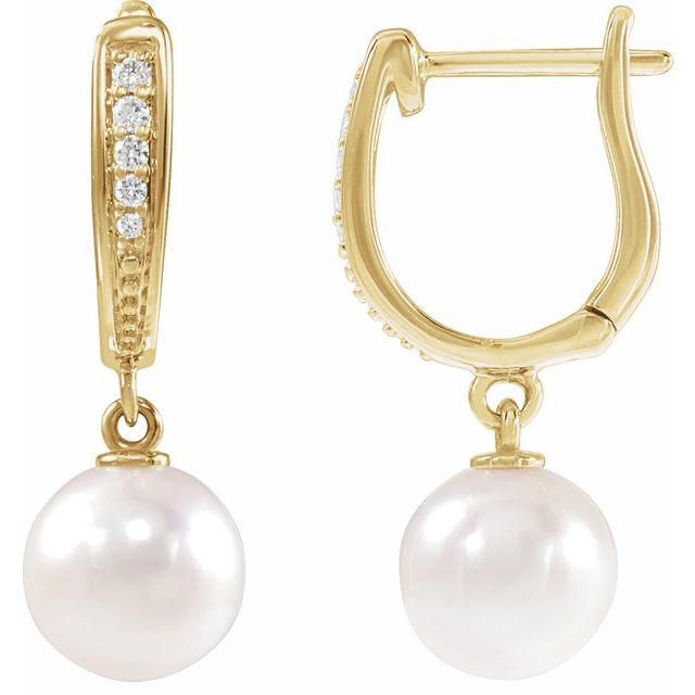 14K White or Yellow Gold Cultured White Akoya Pearl & .03 Natural Diamond Lever Back Earrings- Sparkle & Jade-SparkleAndJade.com 88195:100:P