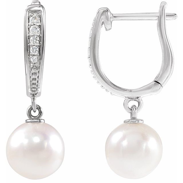 14K White or Yellow Gold Cultured White Akoya Pearl & .03 Natural Diamond Lever Back Earrings- Sparkle & Jade-SparkleAndJade.com 88195:101:P