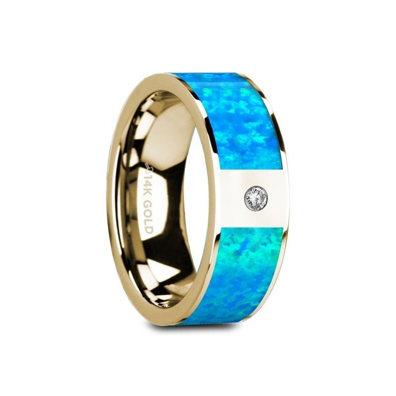 14K Yelloiw Gold with Blue Opal Inlay & White Diamond Setting Flat Band - 8mm - GELASIA- Sparkle & Jade-SparkleAndJade.com 
