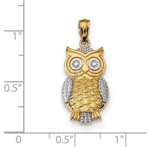 14K Yellow Gold And White Rhodium Textured Owl Pendant- Sparkle & Jade-SparkleAndJade.com K5978