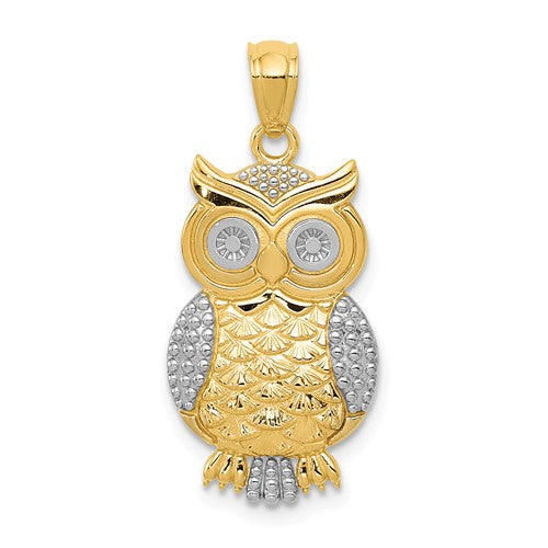 14K Yellow Gold And White Rhodium Textured Owl Pendant