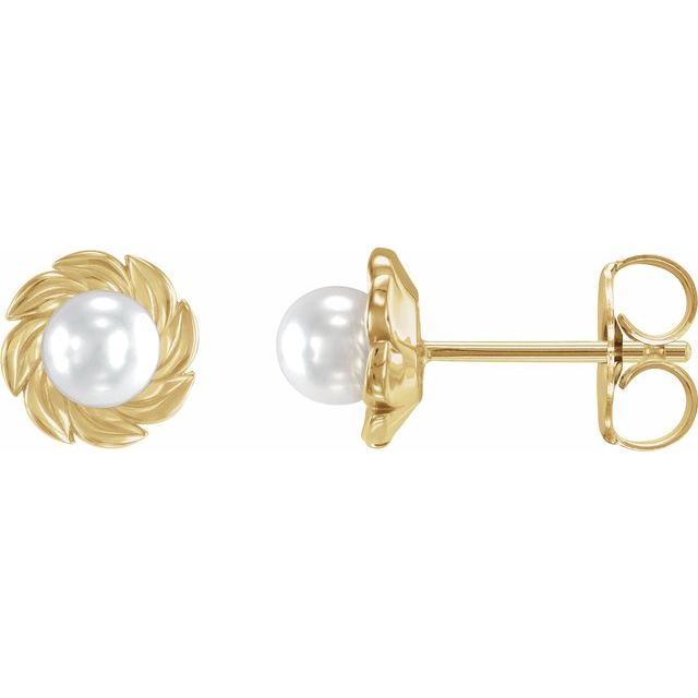 14K Yellow Gold Cultured White Akoya Pearl Leaf Earrings- Sparkle & Jade-SparkleAndJade.com 88174:106:P