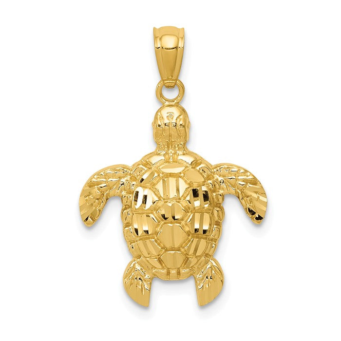 14K Yellow Gold Diam. Cut Polished & Textured Sea Turtle Pendant- Sparkle & Jade-SparkleAndJade.com K6033