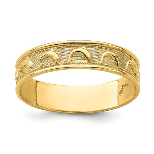 14K Yellow Gold Dolphin Engraved Polished and Textured Thumb Ring- Sparkle & Jade-SparkleAndJade.com K5766