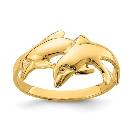 14K Yellow Gold Double Dolphins Ring- Sparkle & Jade-SparkleAndJade.com R806