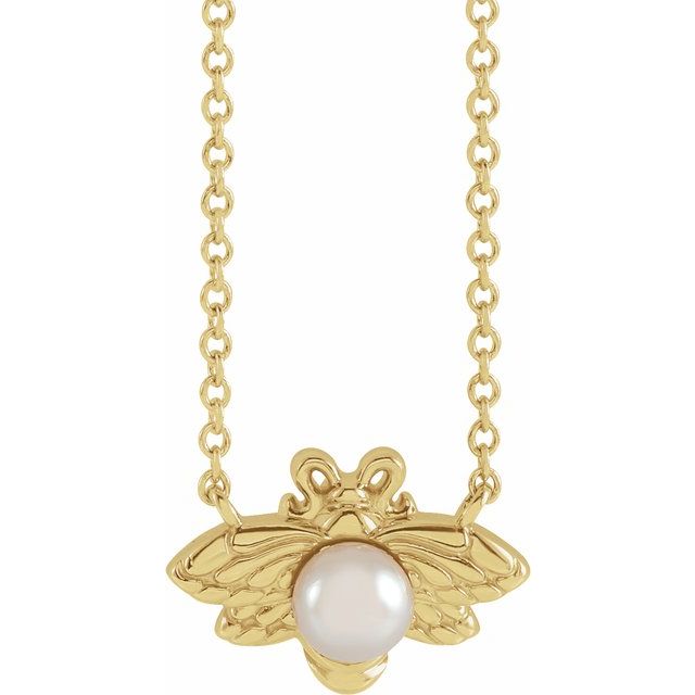 14K Yellow Gold Freshwater Cultured Akoya Pearl Bee 18" Necklace- Sparkle & Jade-SparkleAndJade.com 87503:133:P