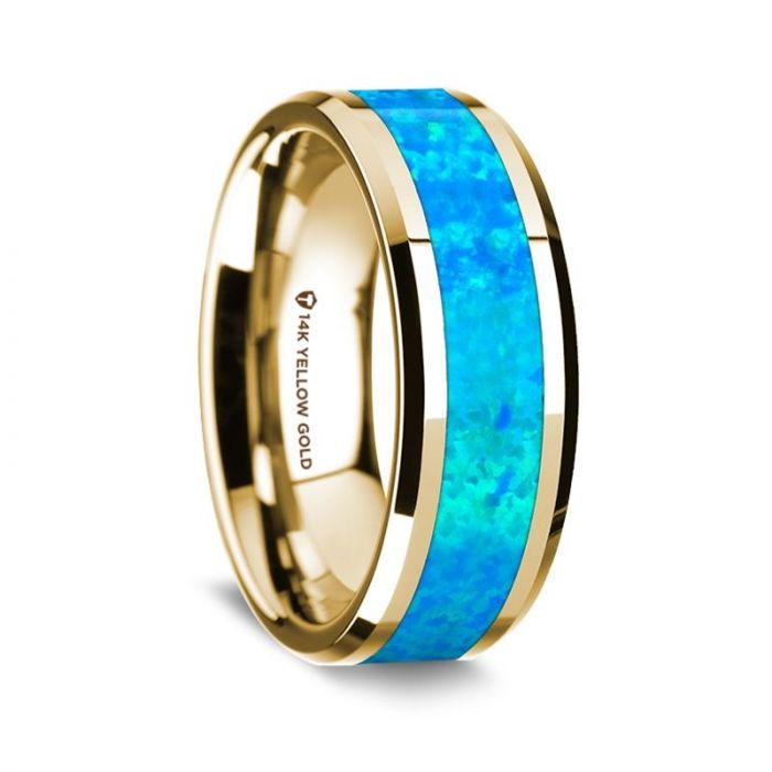 14K Yellow Gold Polished Beveled Edges Wedding Ring with Blue Opal Inlay - 8 mm- Sparkle & Jade-SparkleAndJade.com 
