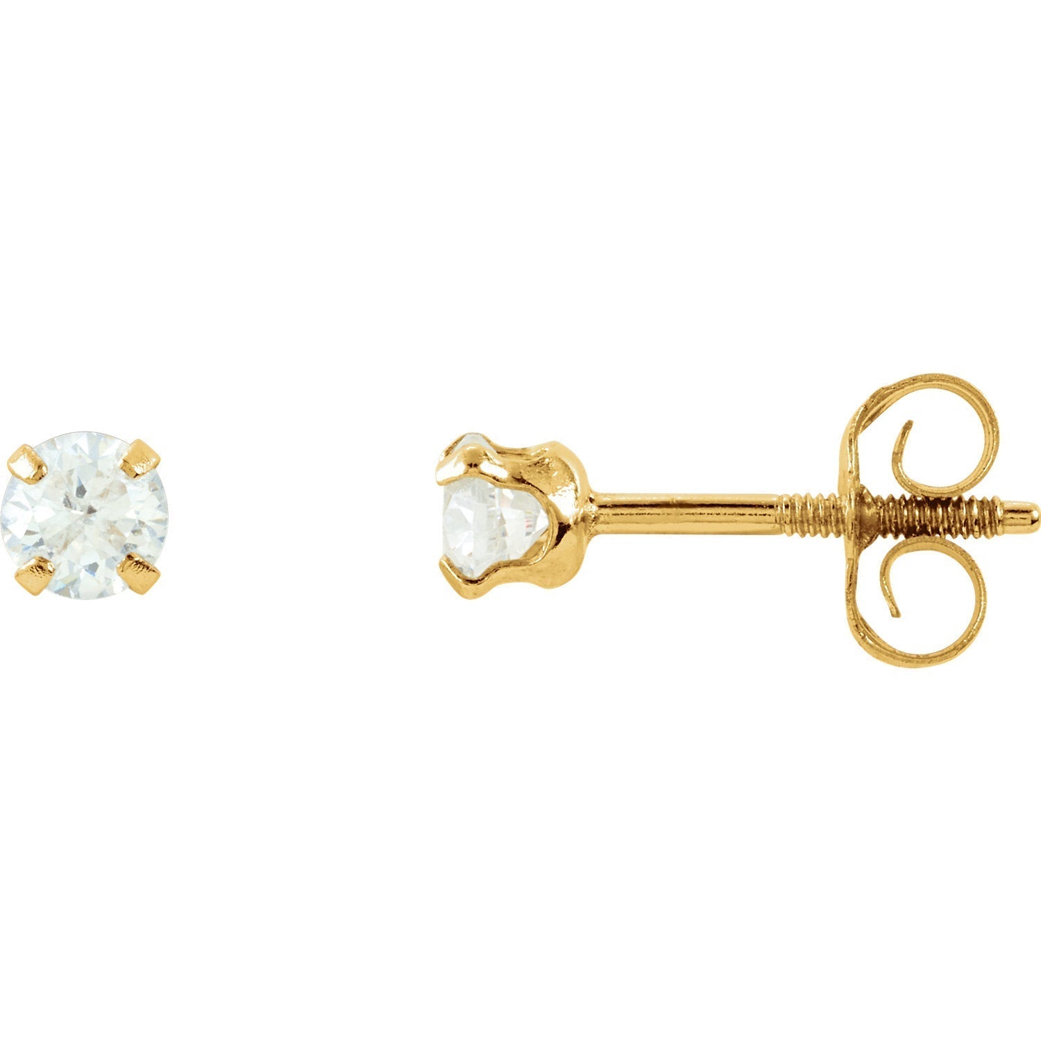 14K Yellow Gold Round Cubic Zirconia Stud Screw Back Threaded
