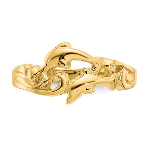 14K Yellow Gold Solid Double Dolphins With Waves Ring- Sparkle & Jade-SparkleAndJade.com K4551