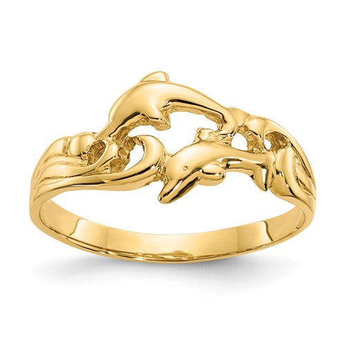 14K Yellow Gold Solid Double Dolphins With Waves Ring- Sparkle & Jade-SparkleAndJade.com K4551