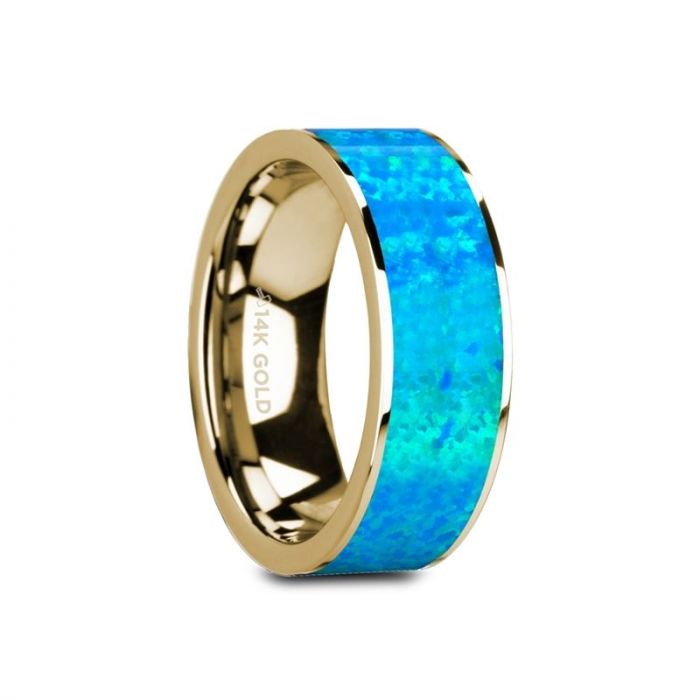 14K Yellow Gold with Blue Opal Inlay and Polished Edges Flat Band - 8mm - GANYMEDE- Sparkle & Jade-SparkleAndJade.com 