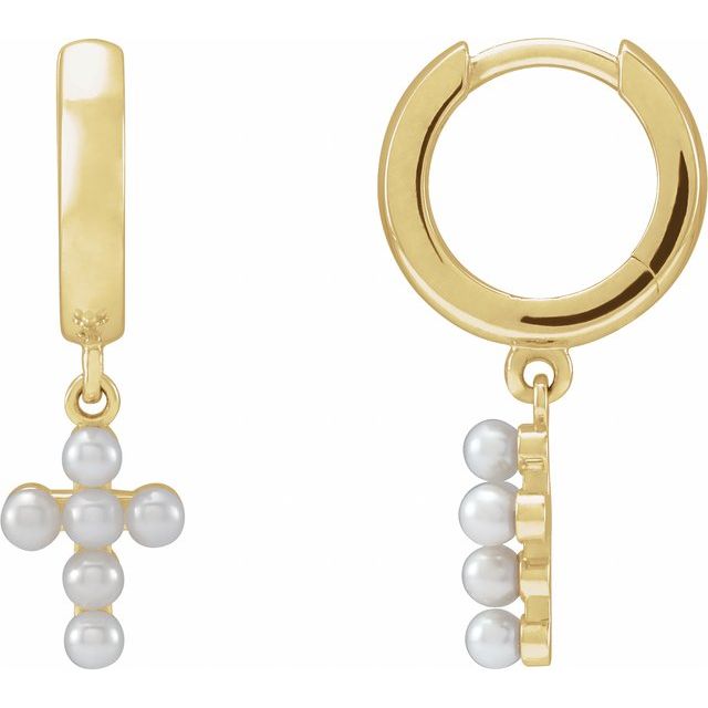 14K Yellow or White Gold Cultured White Seed Pearl Cross Hoop Earrings- Sparkle & Jade-SparkleAndJade.com R50010:106:P