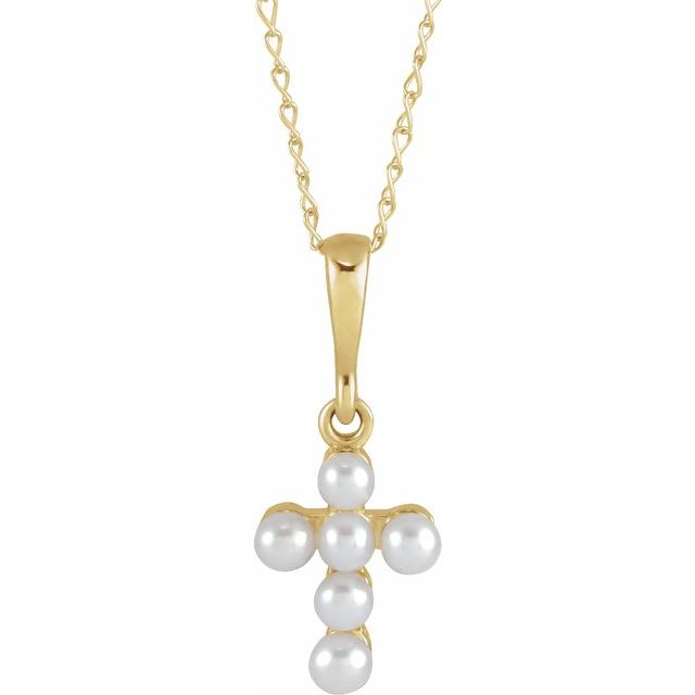 14K Yellow or White Gold Cultured White Seed Pearl Youth Cross 16" Necklace- Sparkle & Jade-SparkleAndJade.com R50023:111:P