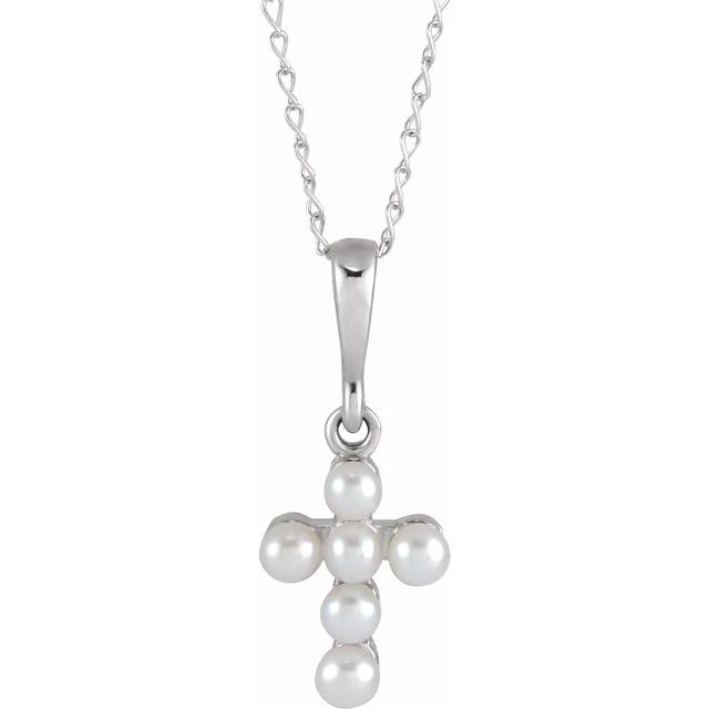 14K Yellow or White Gold Cultured White Seed Pearl Youth Cross 16" Necklace- Sparkle & Jade-SparkleAndJade.com R50023:112:P