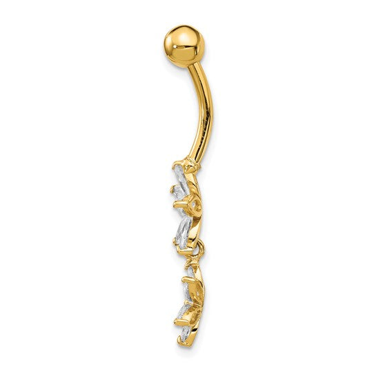 14k Gold 14 Gauge CZ 2-Flower Dangle Belly Ring- Sparkle & Jade-SparkleAndJade.com BD143