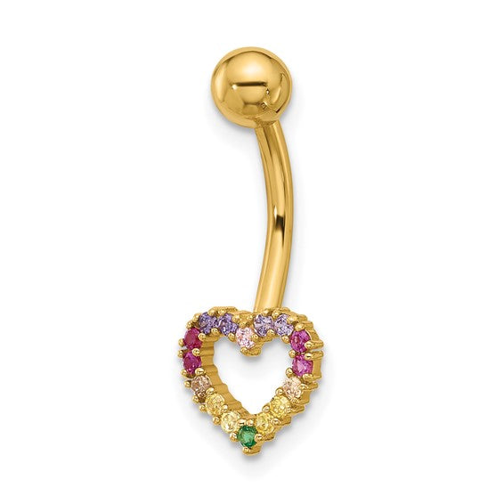 14k Gold 14 Gauge Polished Rainbow CZ Heart Belly / Navel Ring- Sparkle & Jade-SparkleAndJade.com BD286