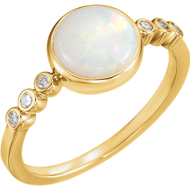 14k Gold 8mm Round Bezel Set Genuine Australian Opal & Diamond Ring- Sparkle & Jade-SparkleAndJade.com 71824:601:P