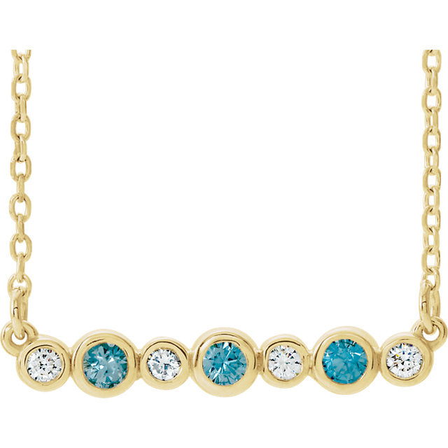 14k Gold Blue Zircon & Diamond Bezel Set Bar Necklace - White Yellow or Rose- Sparkle & Jade-SparkleAndJade.com 