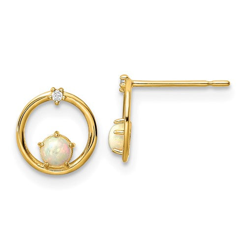 14k Gold Created Opal and CZ Circle Post Earrings- Sparkle & Jade-SparkleAndJade.com YE1967