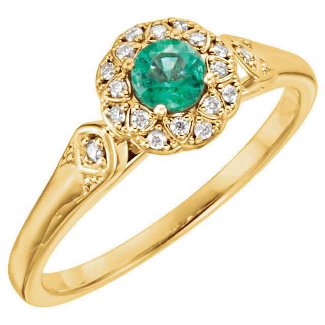 14k Gold Genuine Emerald & 1/10 CTW Diamond Halo-Style Ring