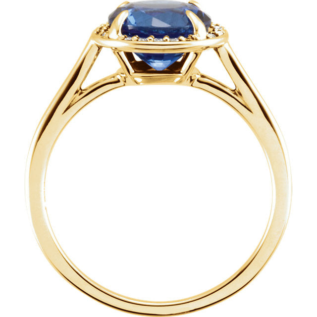 14k Gold Lab Grown 8mm Round Blue Sapphire .05CTW Diamond Halo Ring- Sparkle & Jade-SparkleAndJade.com 