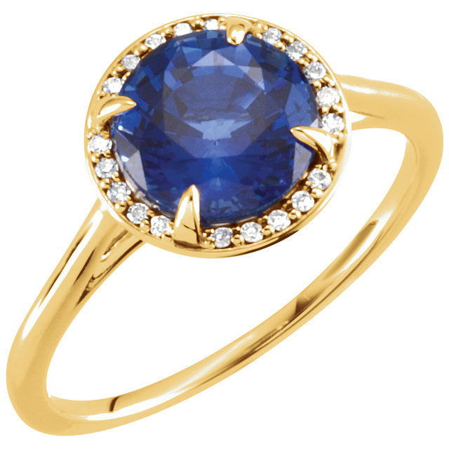 14k Gold Lab Grown 8mm Round Blue Sapphire .05CTW Diamond Halo Ring- Sparkle & Jade-SparkleAndJade.com 71632:104:P