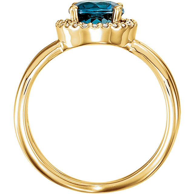 14k Gold London Blue Topaz & 1/8 CTW Diamond Halo-Style X Band Ring- Sparkle & Jade-SparkleAndJade.com 