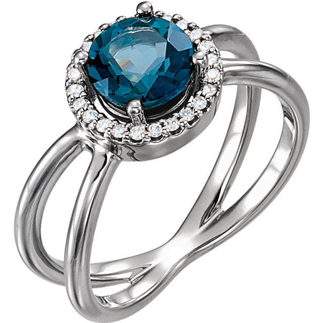 14k Gold London Blue Topaz & 1/8 CTW Diamond Halo-Style X Band Ring- Sparkle & Jade-SparkleAndJade.com 71822:600:P