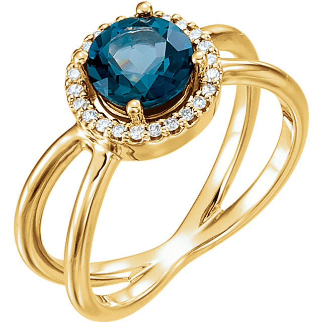 14k Gold London Blue Topaz & 1/8 CTW Diamond Halo-Style X Band Ring- Sparkle & Jade-SparkleAndJade.com 71822:601:P
