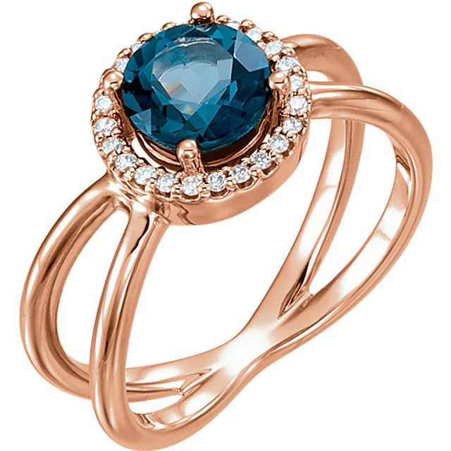 14k Gold London Blue Topaz & 1/8 CTW Diamond Halo-Style X Band Ring- Sparkle & Jade-SparkleAndJade.com 71822:602:P
